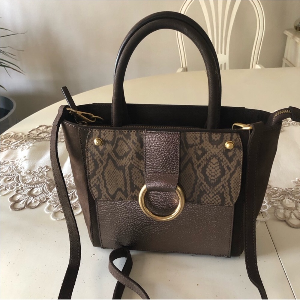 Brown small structured bag Genuine suede leather snake Vittoria Napoli TopHandle